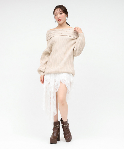 オフショルパールニットチュニック 詳細画像