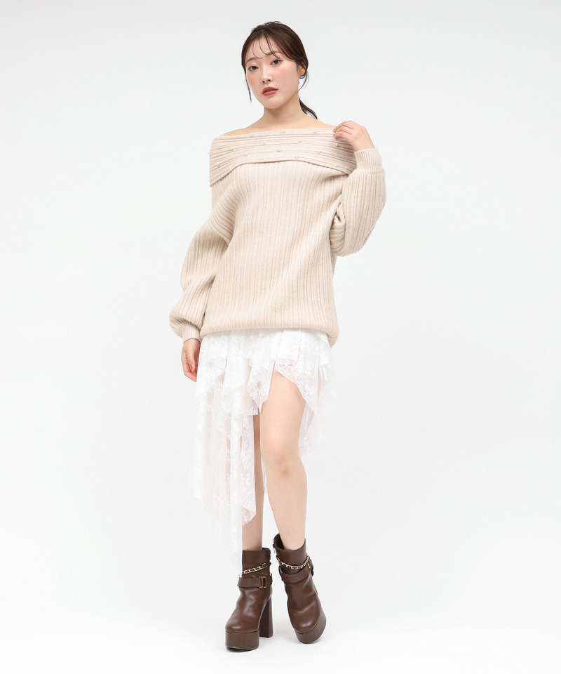 オフショルパールニットチュニック 詳細画像 ベージュ 1