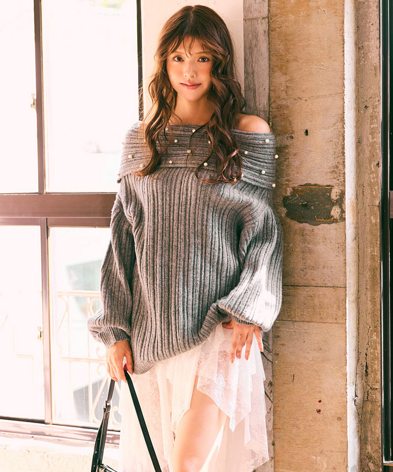 オフショルパールニットチュニック 詳細画像 グレー 1