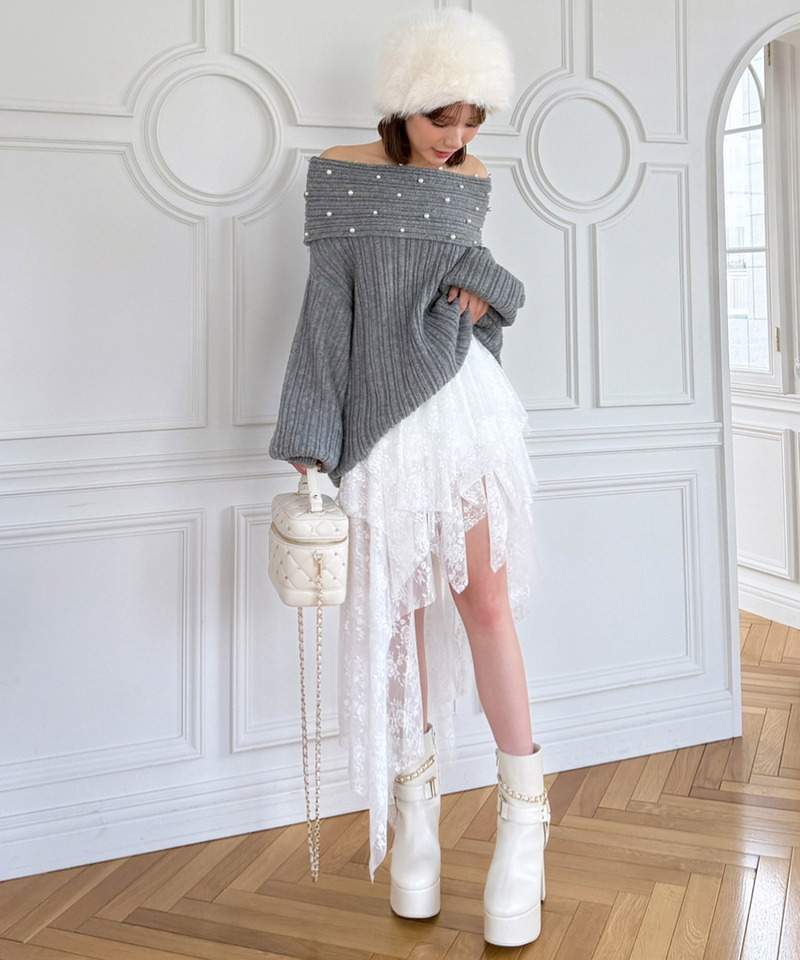 オフショルパールニットチュニック 詳細画像 グレー 11