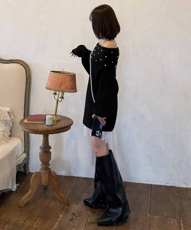 オフショルパールニットチュニック 詳細画像 ブラック 5