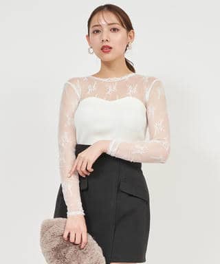 レース切替リブニットトップス