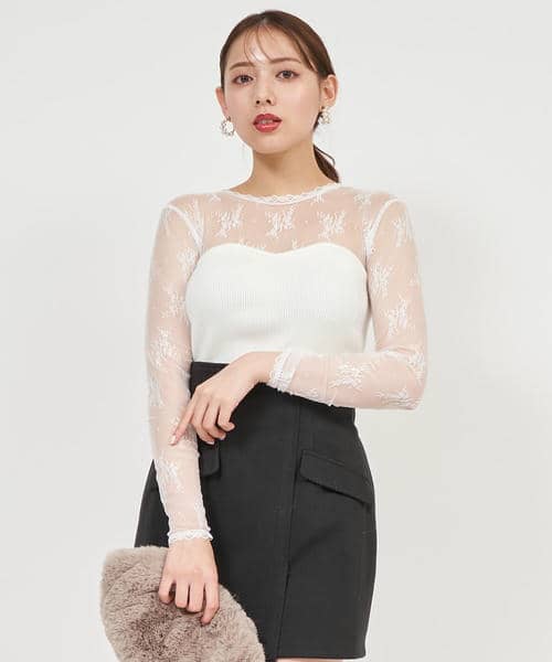 レース切替リブニットトップス 詳細画像