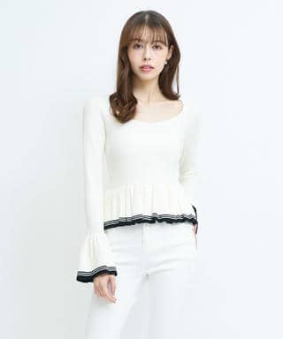 バックレースアップ配色ペプラムニットトップス