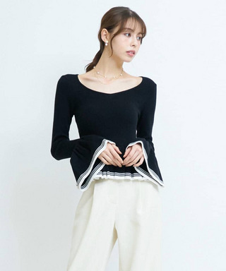 バックレースアップ配色ペプラムニットトップス