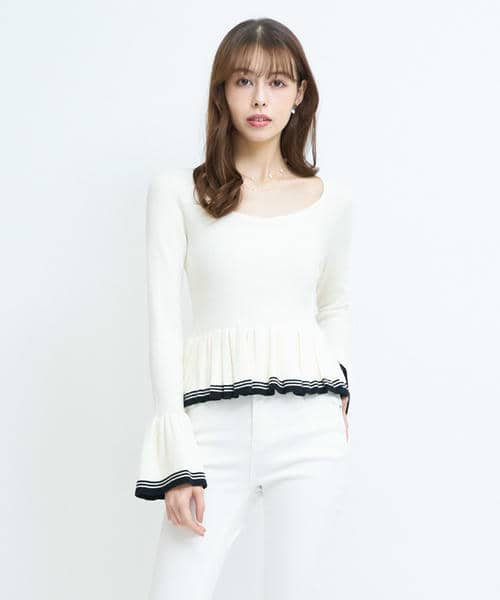 バックレースアップ配色ペプラムニットトップス 詳細画像