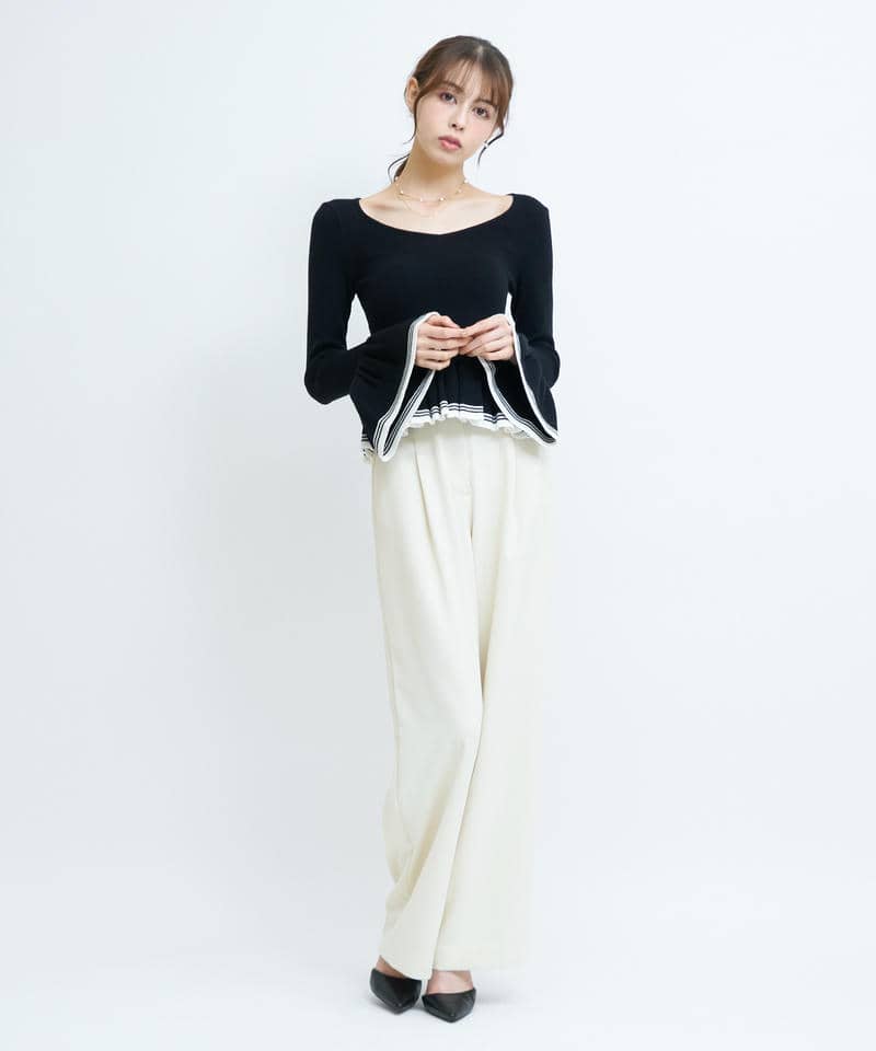 バックレースアップ配色ペプラムニットトップス 詳細画像 ブラック 2