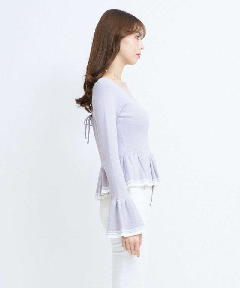 バックレースアップ配色ペプラムニットトップス 詳細画像 ブラック 3