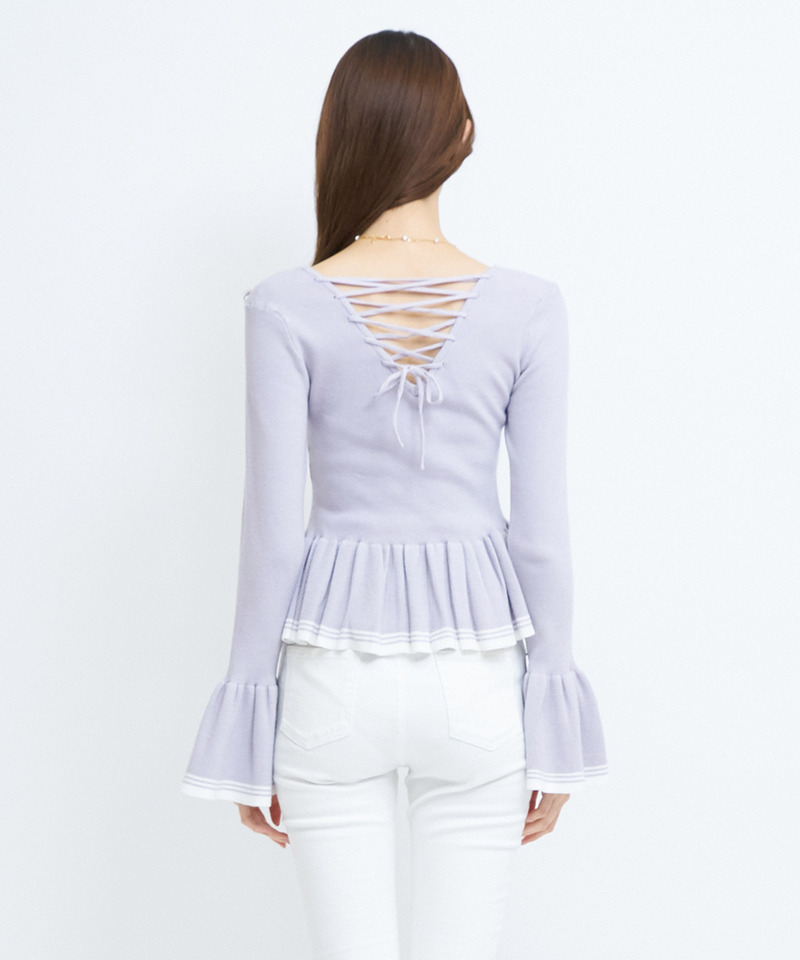 バックレースアップ配色ペプラムニットトップス 詳細画像 ブラック 4