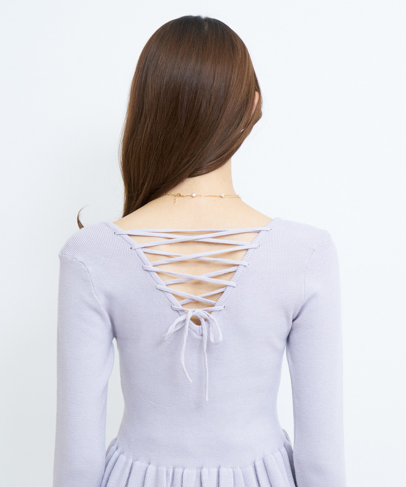 バックレースアップ配色ペプラムニットトップス 詳細画像 ブラック 6