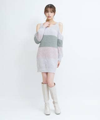 ハイブリット肩開きニットミニワンピース