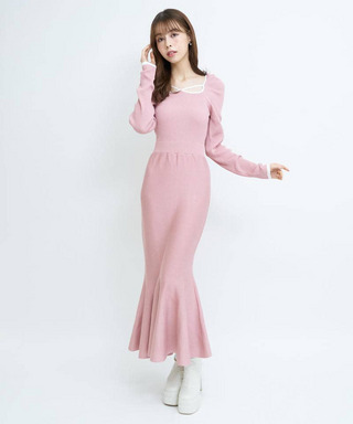 デコルテライン配色ニットマーメイドワンピース