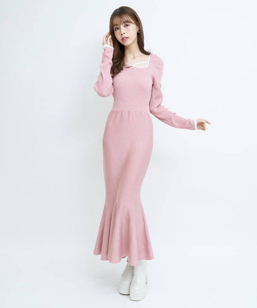 デコルテライン配色ニットマーメイドワンピース 詳細画像