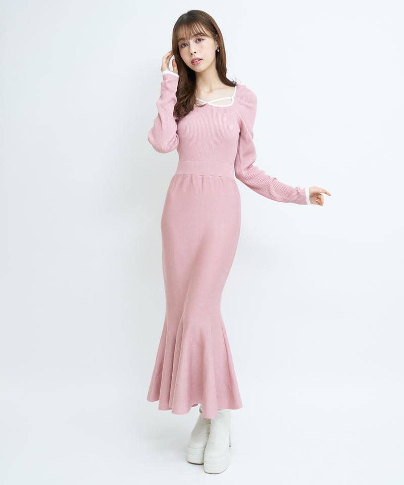 デコルテライン配色ニットマーメイドワンピース 詳細画像 ピンク 1
