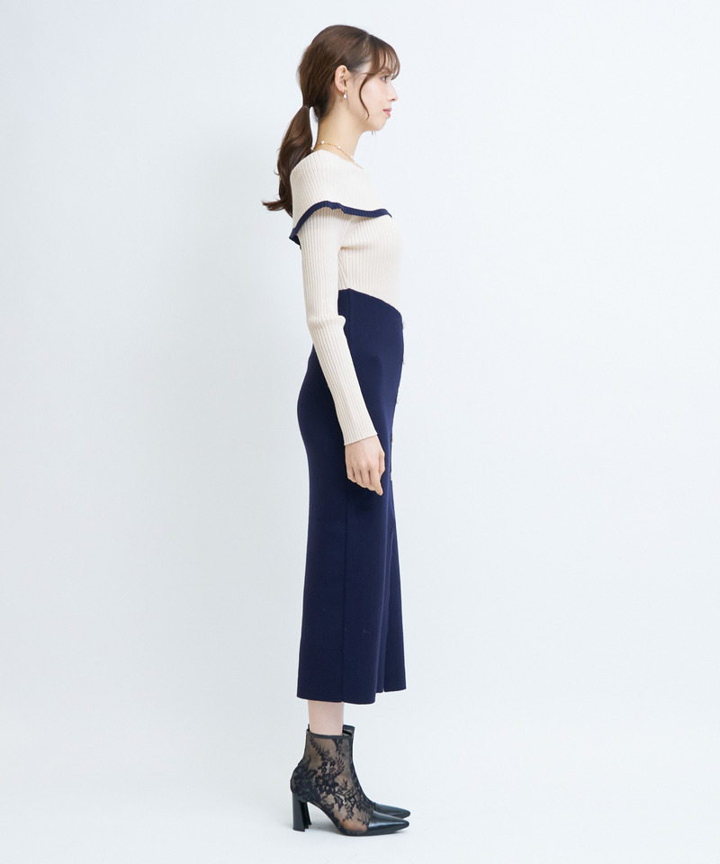 配色オフショルタイトニットワンピース 詳細画像 パープル 2