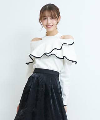 配色肩開きケープニットトップス