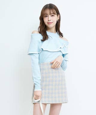 配色肩開きケープニットトップス