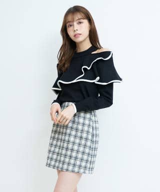 配色肩開きケープニットトップス