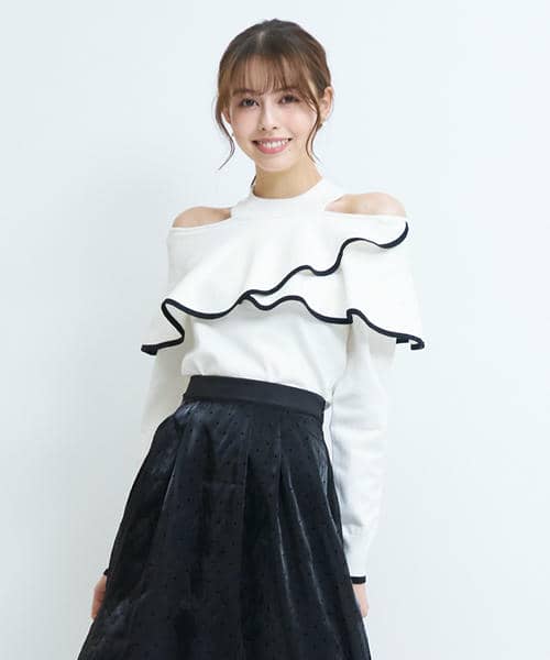 配色肩開きケープニットトップス 詳細画像