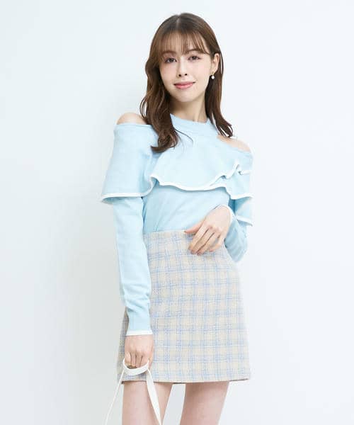 配色肩開きケープニットトップス 詳細画像