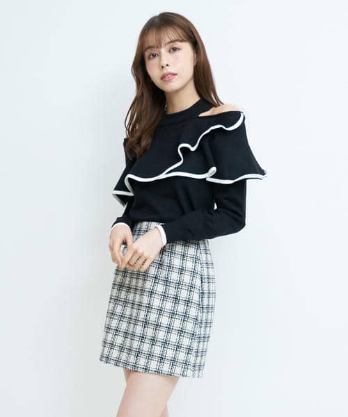 配色肩開きケープニットトップス 詳細画像