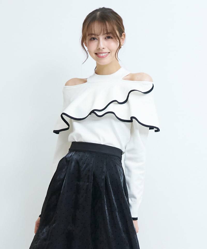 配色肩開きケープニットトップス 詳細画像 オフホワイト 1