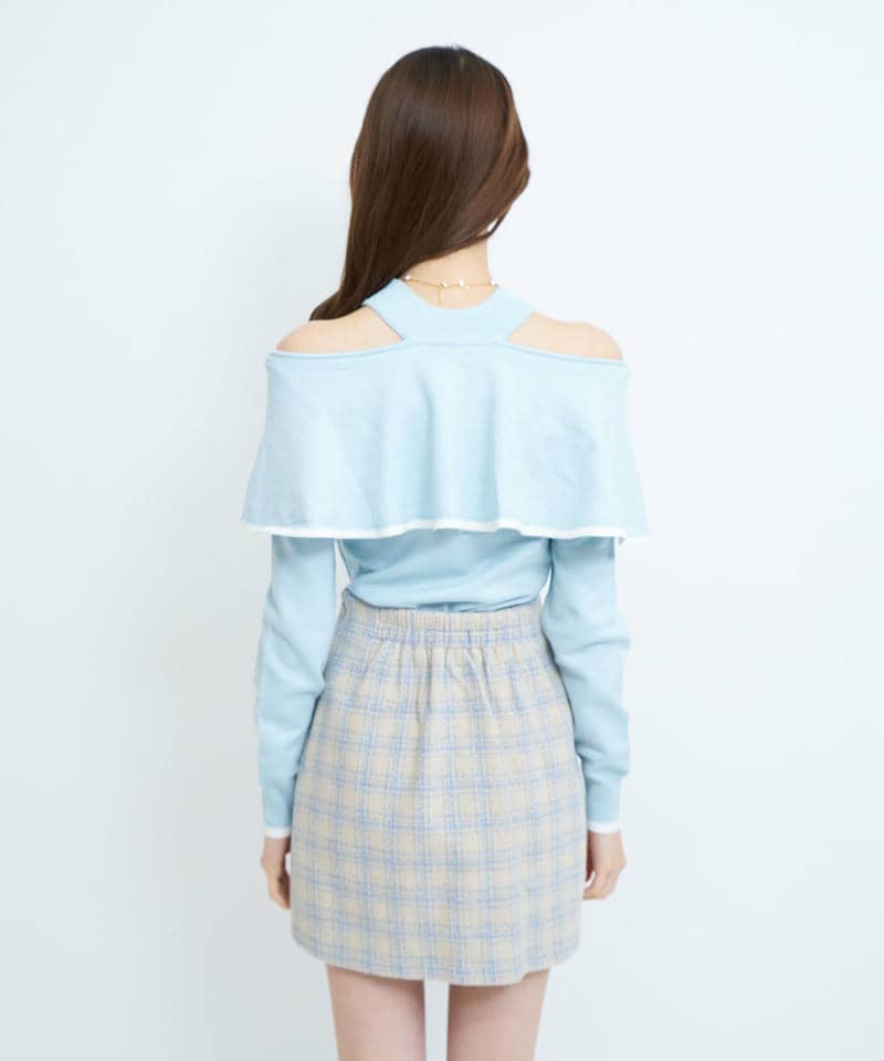 配色肩開きケープニットトップス 詳細画像 ブルー 3