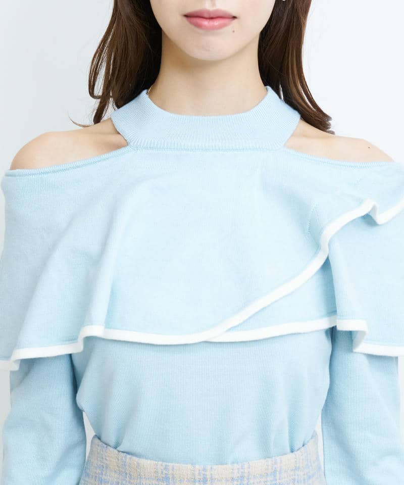 配色肩開きケープニットトップス 詳細画像 ブルー 4