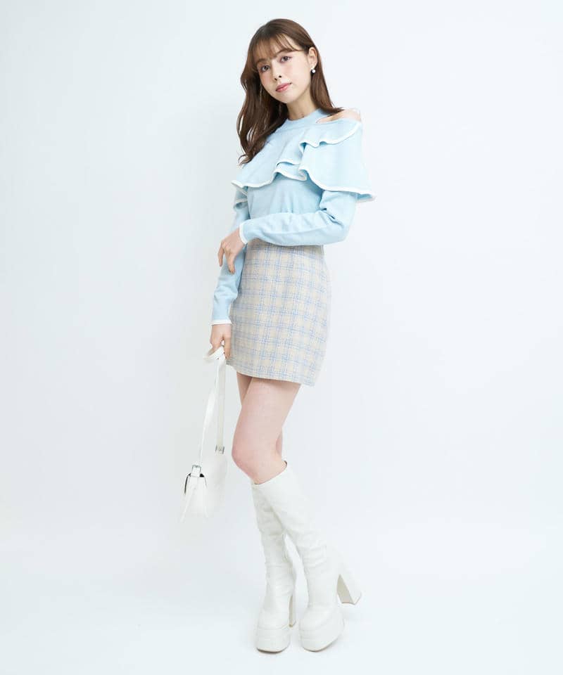 配色肩開きケープニットトップス 詳細画像 ブルー 7