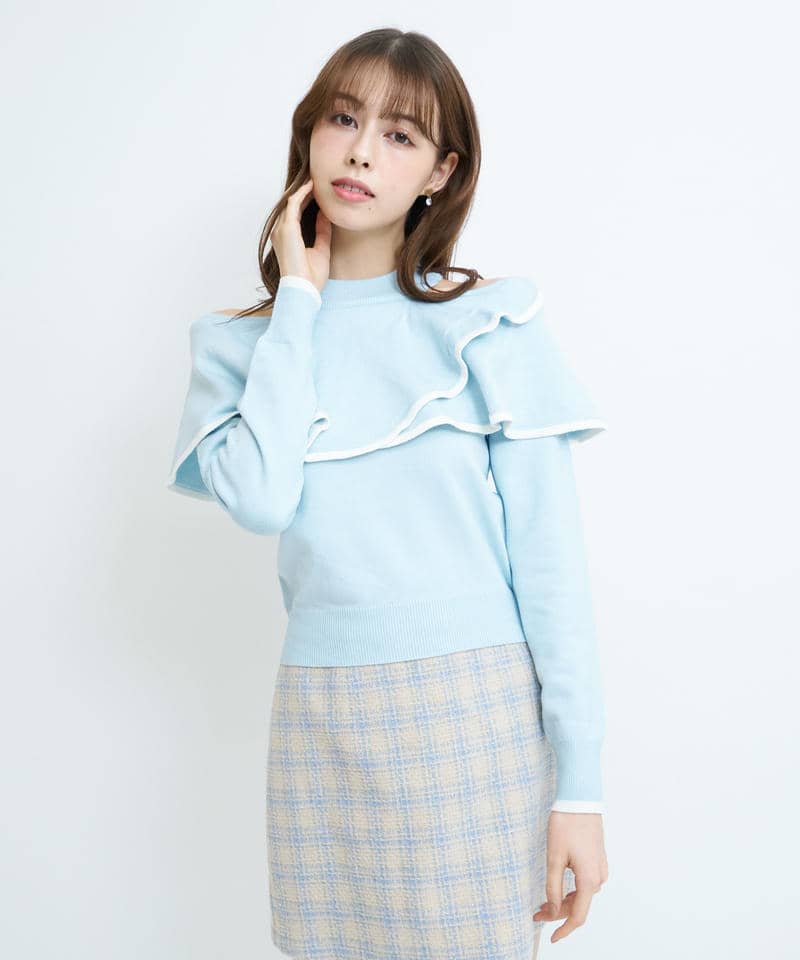 配色肩開きケープニットトップス 詳細画像 ブルー 8