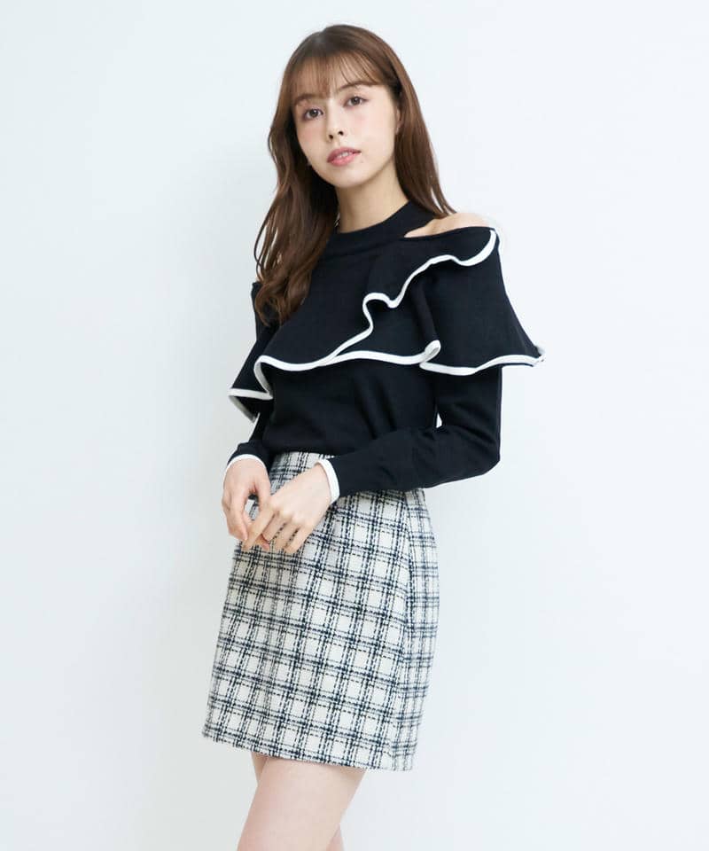 配色肩開きケープニットトップス 詳細画像 ブラック 1