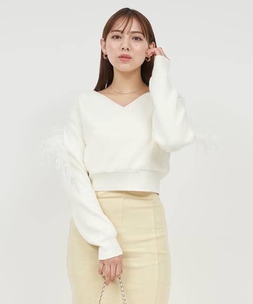 カシュクールアームフェザーニットトップス 詳細画像