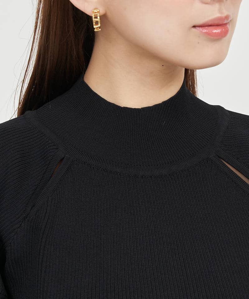 カットアウトボリュームスリーブニットトップス 詳細画像 ブラック 4