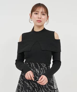 オープンショルダーリブニットトップス