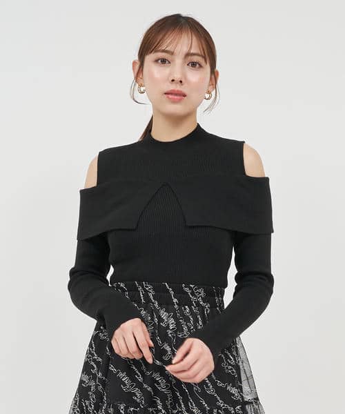 オープンショルダーリブニットトップス 詳細画像