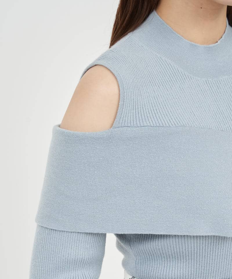 オープンショルダーリブニットトップス 詳細画像 ブルー 5