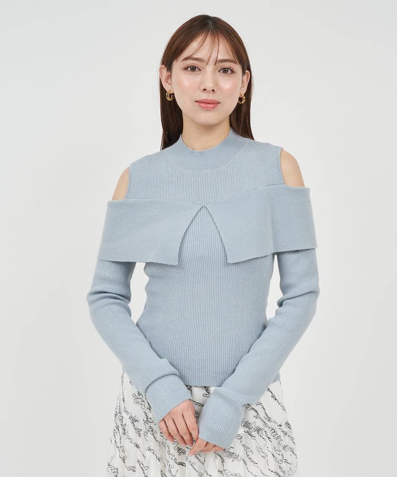 オープンショルダーリブニットトップス 詳細画像 ブルー 8