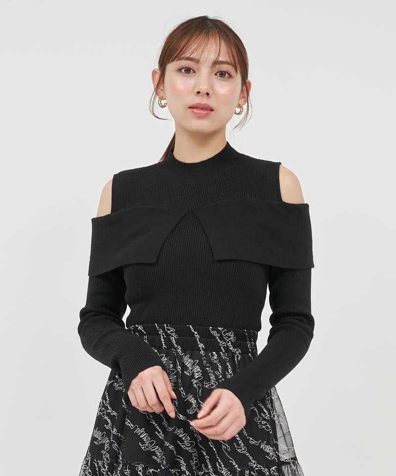 オープンショルダーリブニットトップス 詳細画像 ブラック 1