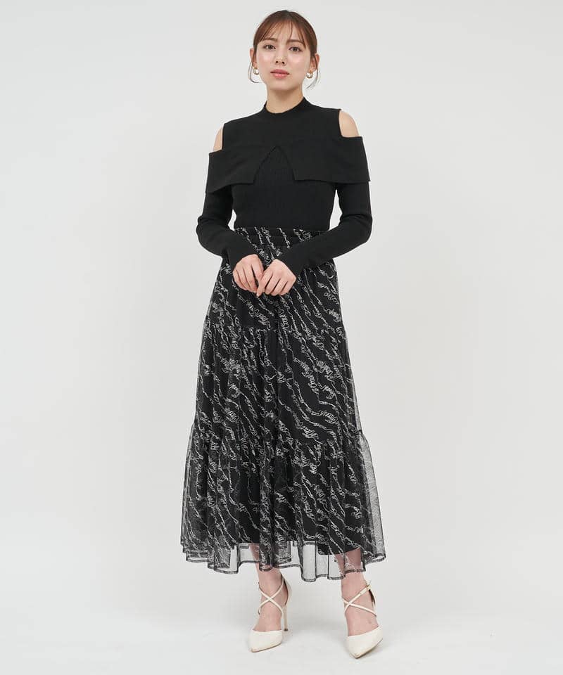 オープンショルダーリブニットトップス 詳細画像 ブラック 2