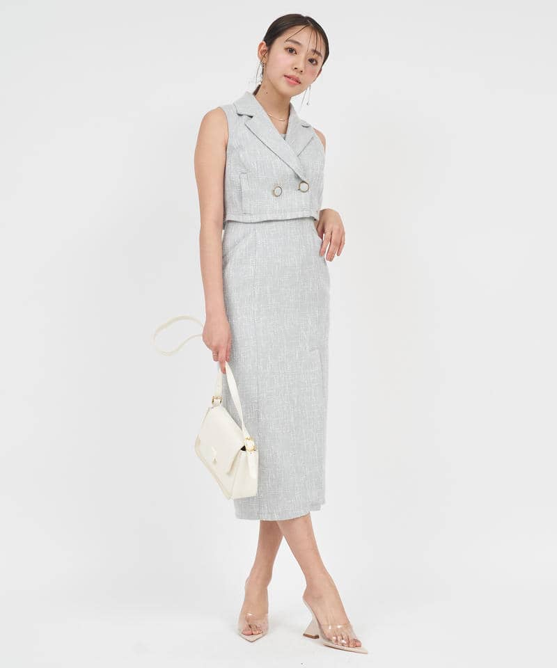 【丈が選べる】ツイードアンサンブルタイトワンピース 詳細画像 ブルー 1