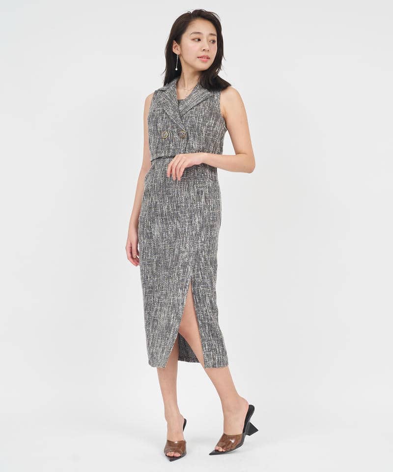 【丈が選べる】ツイードアンサンブルタイトワンピース 詳細画像 ブラック 1