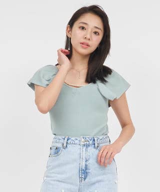 デザインスリーブパールチェーンニットトップス