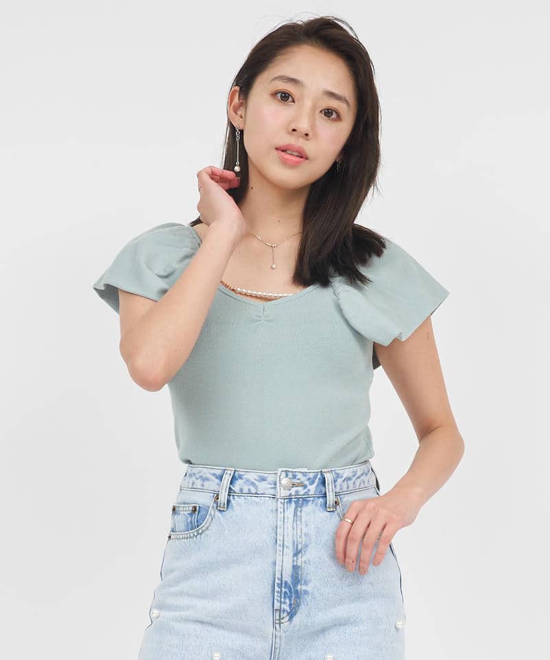 デザインスリーブパールチェーンニットトップス 詳細画像 ブルー 1