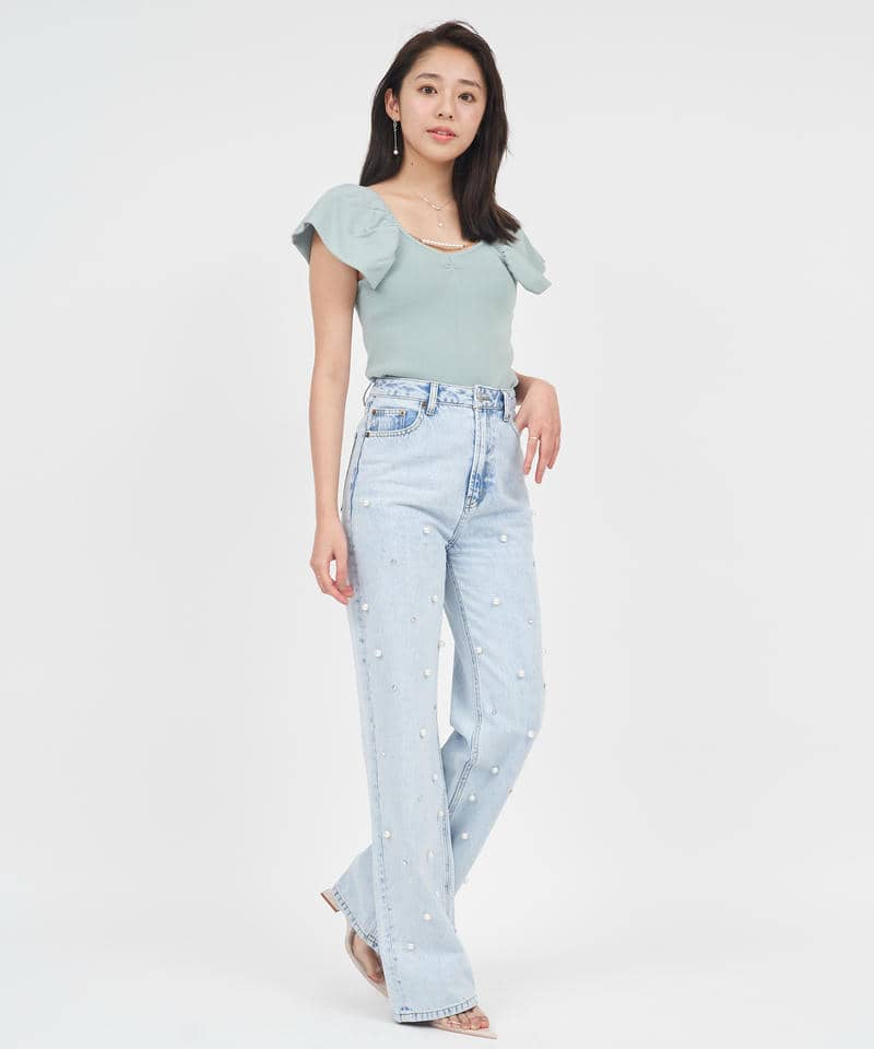 デザインスリーブパールチェーンニットトップス 詳細画像 ブルー 2