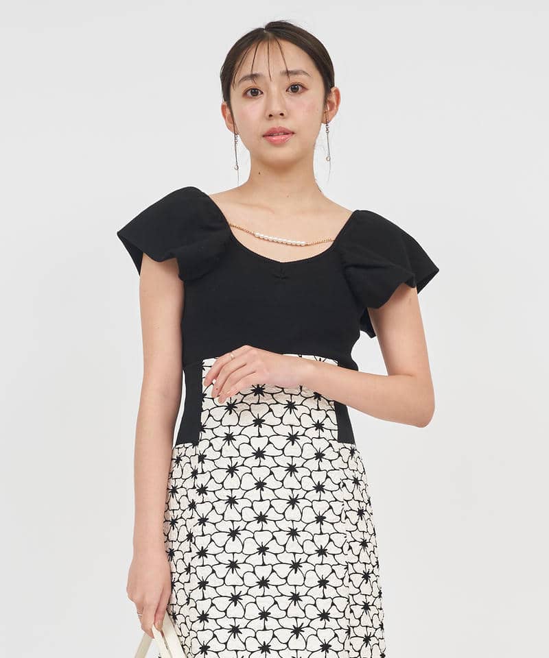 デザインスリーブパールチェーンニットトップス 詳細画像 ブラック 1