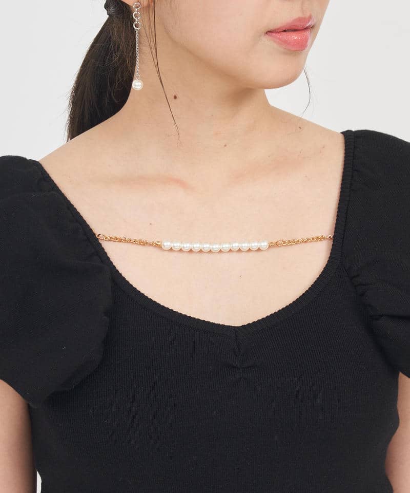 デザインスリーブパールチェーンニットトップス 詳細画像 ブラック 4