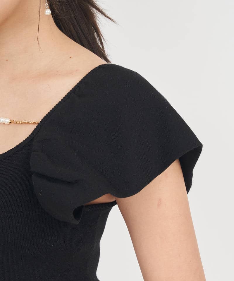 デザインスリーブパールチェーンニットトップス 詳細画像 ブラック 5