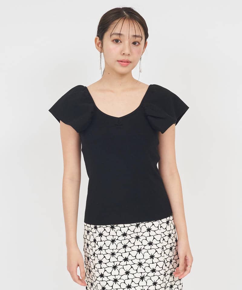 デザインスリーブパールチェーンニットトップス 詳細画像 ブラック 8