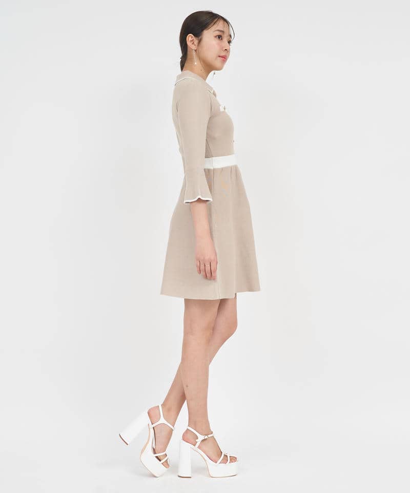 衿付配色ニットミニフレアワンピース 詳細画像 ベージュ 2
