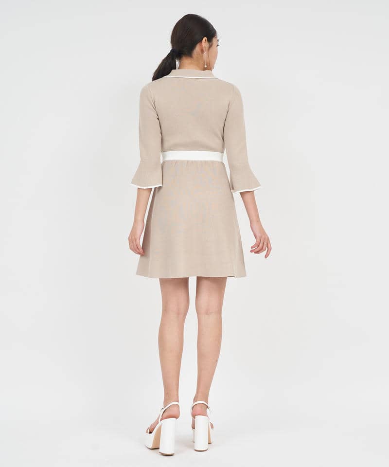 衿付配色ニットミニフレアワンピース 詳細画像 ベージュ 3